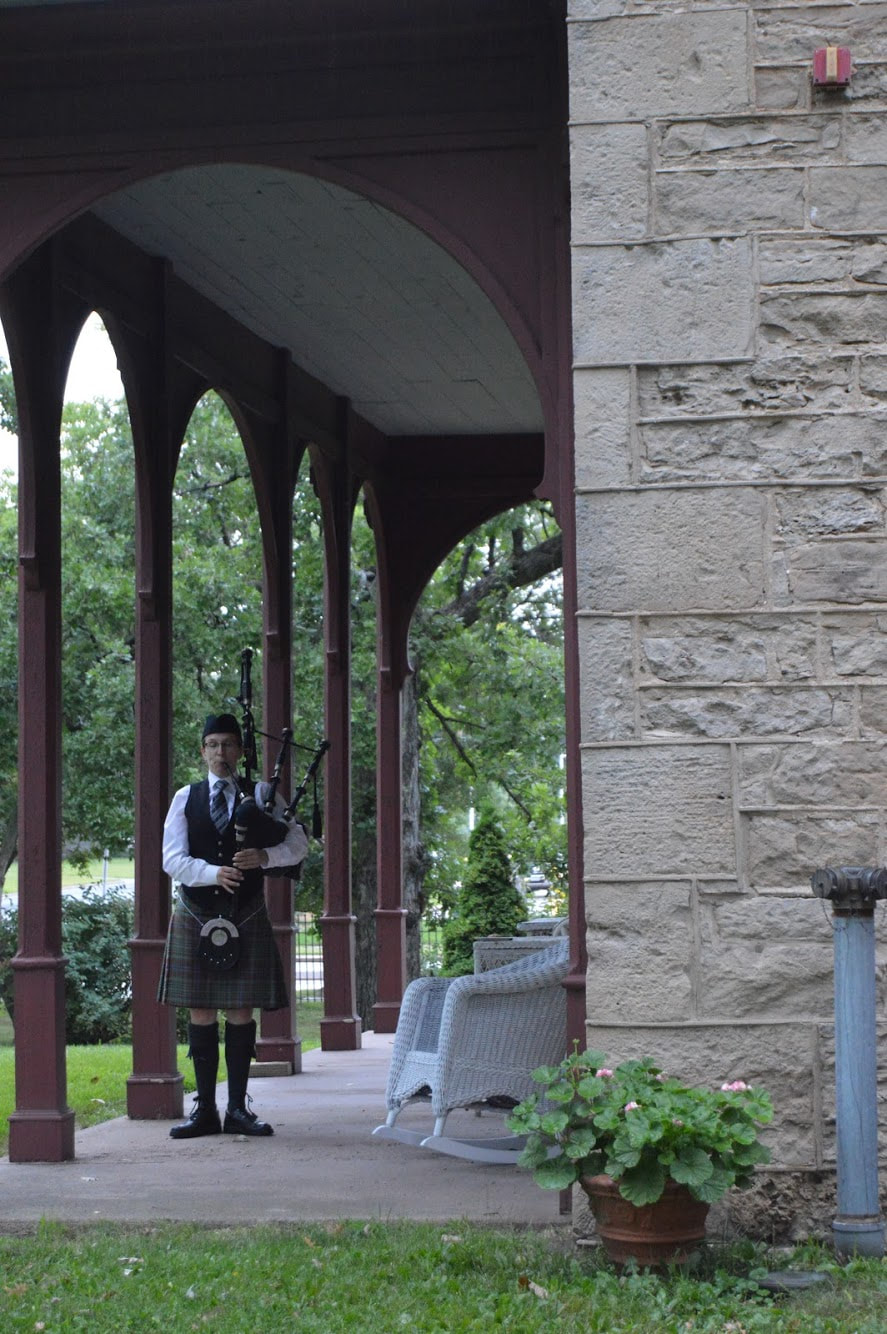 Bagpipe player at a birthday party at the Le Duc Manor, Hastings, MN.