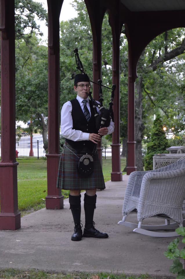 Playing bagpipes at a birthday party at the Le Duc Manor, Hastings, MN. 