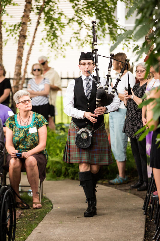 Meridith bagpipes at hospice care facility Butterfly Release memorial event, Saint Paul, MN